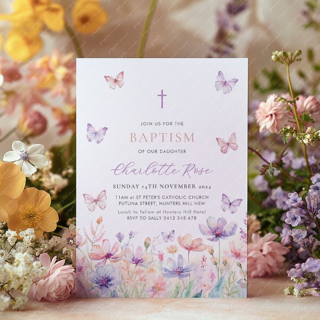 Convites Butterfly Floral Floral Baptism Christening (Wildflower Baptism Invitation with pastel flowers and butterflies. Girl's baptism invitation)