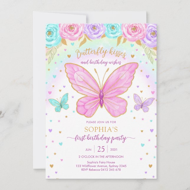 Convites Butterfly Floral Girl Birthday Invitation (Frente)