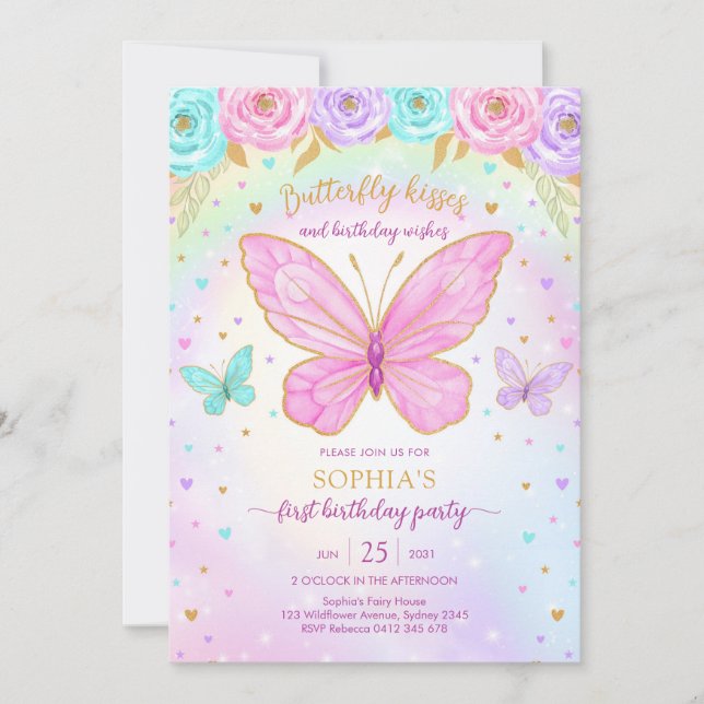 Convites Butterfly Floral Girl Birthday Invitation (Frente)