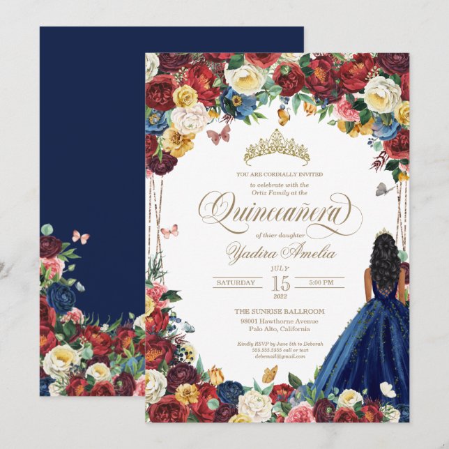 Convites Butterfly Garden Burgundy Blue Floral Quinceanera (Frente/Verso)