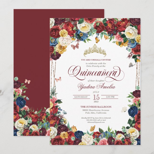 Convites Butterfly Garden Burgundy Royal Floral Quinceanera (Frente/Verso)
