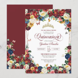 Convites Butterfly Garden Burgundy Royal Floral Quinceanera