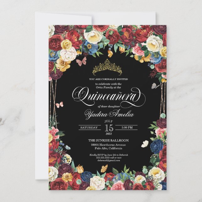 Convites Butterfly Garden Watercolor Floral Quinceanera Inv (Frente)