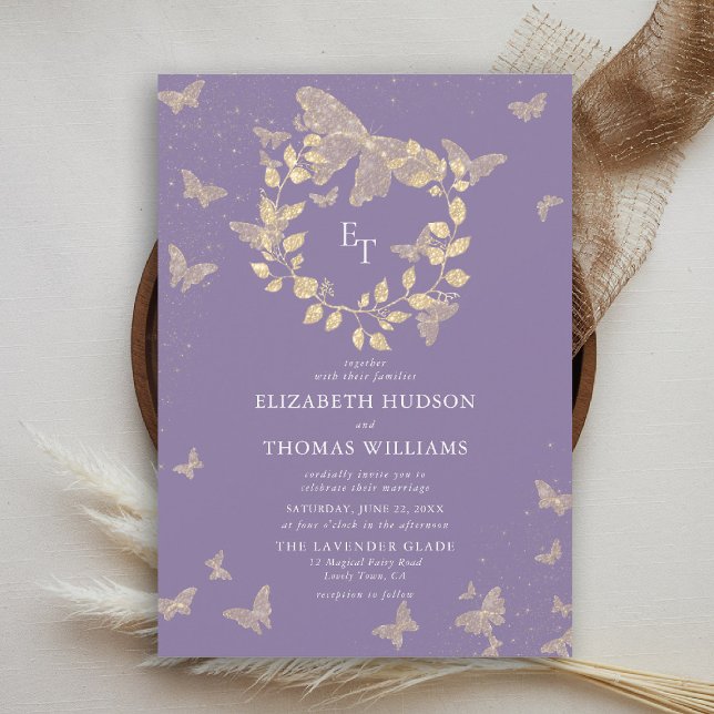 Convites Butterfly Lavender Gold Monograms Wreath Wedding (butterfly wedding invitation lavender purple gold eucalyptus elegant modern classic romantic)