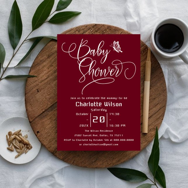 Convites Butterfly Modern Minimal Deep Burgundy Baby Shower (Criador carregado)