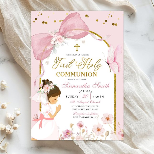 Convites Butterfly Pink Coquette Girl First Holy Communion (Criador carregado)