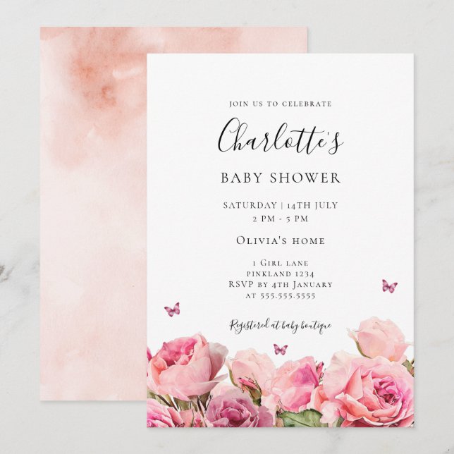 Convites Butterfly Pink Rose Girl Baby Shower Invitation (Frente/Verso)
