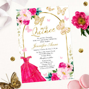 Convites Butterfly Quince Hot Pink Arch Floral 
