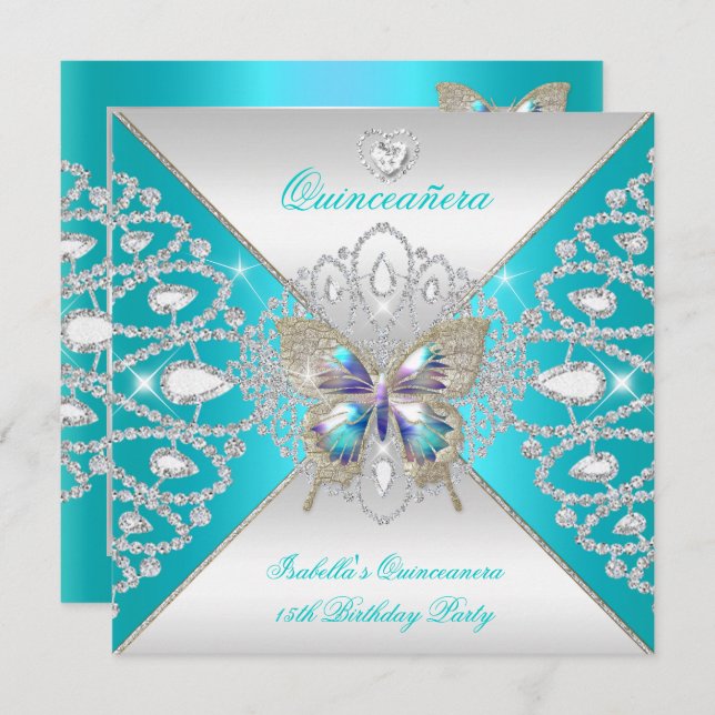 Convites Butterfly Quinceanera 15 Tea Silver Tiara 2 (Frente/Verso)