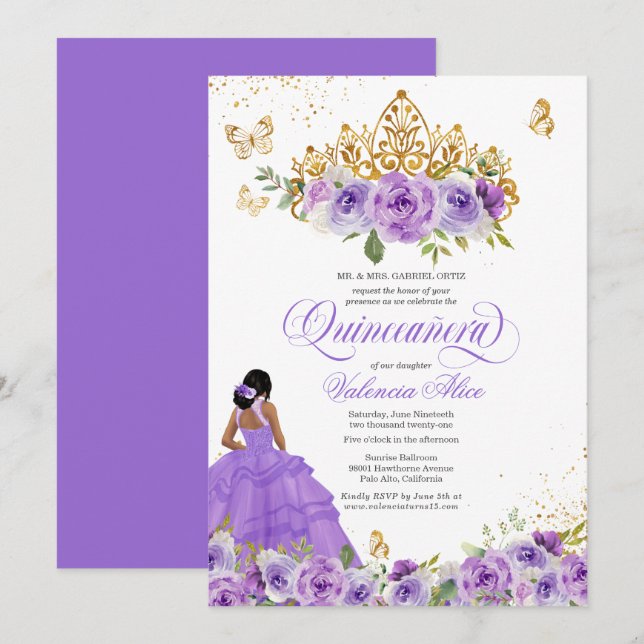Convites Butterfly Quinceañera + Flores De Aquarela Roxos  (Frente/Verso)