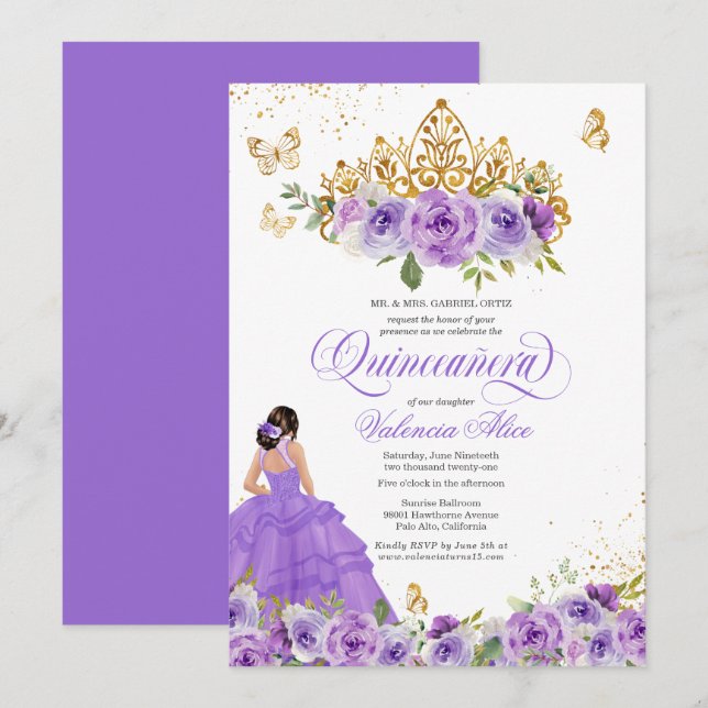 Convites Butterfly Quinceañera + Flores De Aquarela Roxos (Frente/Verso)