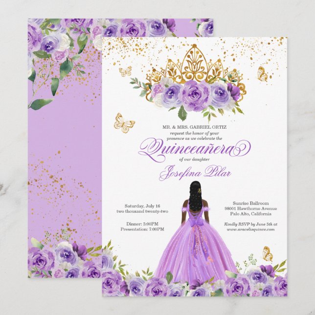 Convites Butterfly Quinceañera Purple Watercolor Flowers (Frente/Verso)
