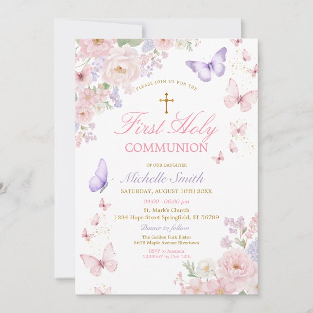 Convites Butterfly Soft Floral First Holy Communion (Frente)