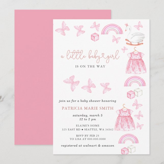 Convites Butterfly Swan Princess Pink Girl Baby Shower (Frente/Verso)