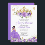 Convites Butterfly Sweet 16   Flores De Aquarela Púrpura<br><div class="desc">Doce 16 Convite de aniversário em tons lilás e lavandas de púrpura com borboletas de ouro e uma bela tiara e uma garota de vestido de bola. Visite o compro para obter mais variações no tom de pele e combinações de cores</div>