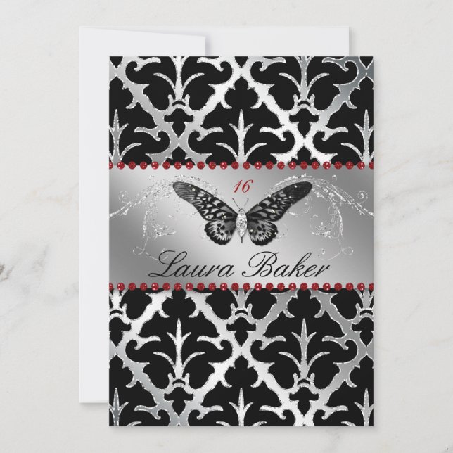 Convites Butterfly Sweet 16 Invite Damask Red Sparkle (Frente)