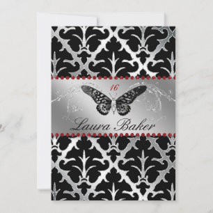 Convites Butterfly Sweet 16 Invite Damask Red Sparkle