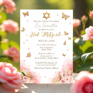 Convites Butterflys Floral Gold Foil Bat Mitzvah
