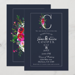 Convites C Monograma Última Inicial Moderno Azul Floral Cas