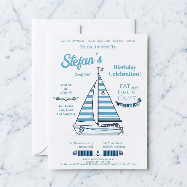 Convites Cabana Listrada de Barco à Vela de Aniversário (Perfect for your seaside bash.)