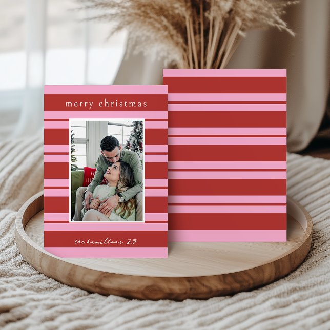 Convites Cabana Pink and red Stripe Preppy Christmas card (Criador carregado)