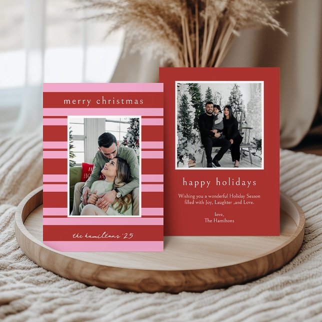 Convites Cabana Pink red Stripe Preppy photo Christmas card (Criador carregado)