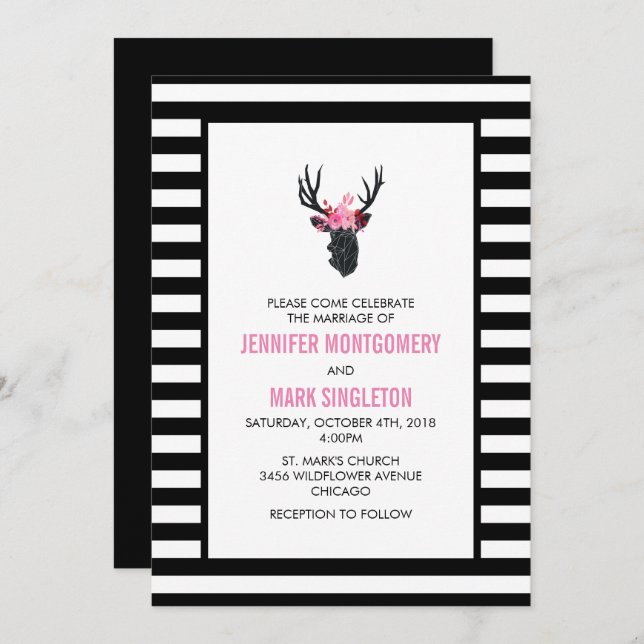 Convites Cabeça de cervo geométrico com Casamento de Coroa  (Frente/Verso)