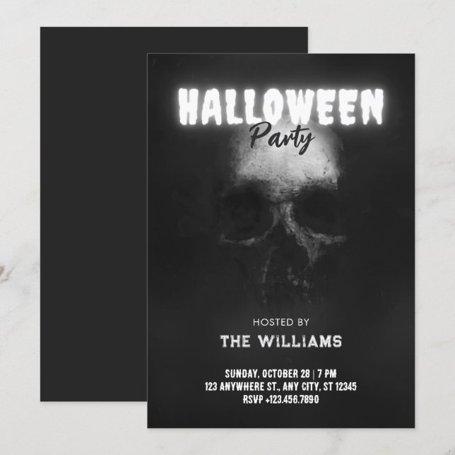Convites Cabeça de osso Caveira preta halloween (Frente/Verso)