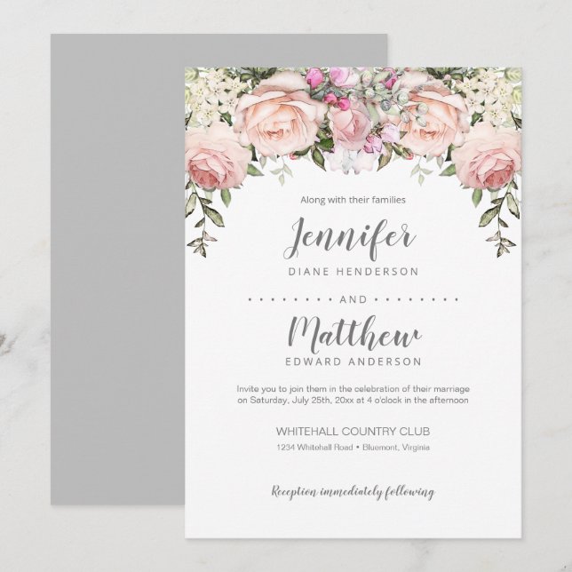 Convites Cabeçalho de casamento de rosas Sweetheart rosa be (Frente/Verso)