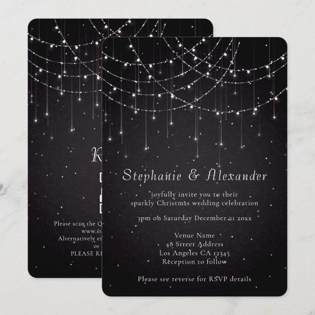 Convites Cabeças Elegantes Luzes QR Código Damasco Black Ca (Frente/Verso)