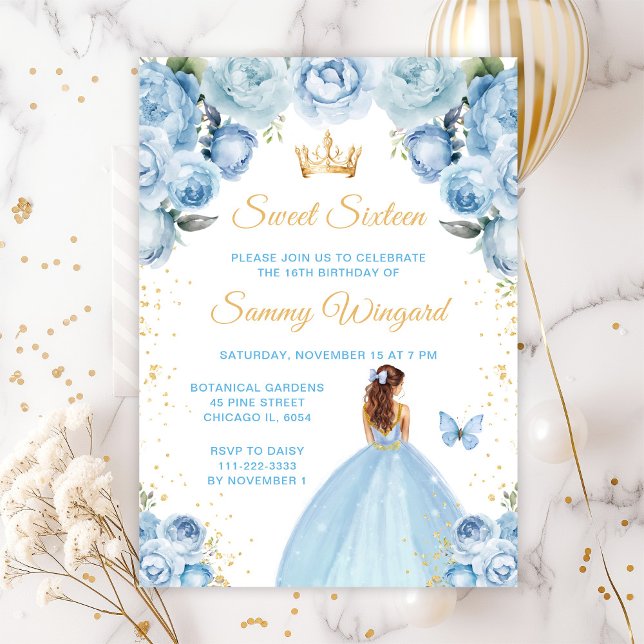 Convites Cabelo Castanho Azul Claro Princesa Sweet Sixteen (Criador carregado)