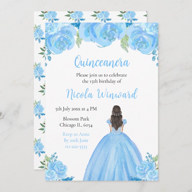 Convites Cabelo Castanho Princesa Azul Quinceanera (Frente/Verso)