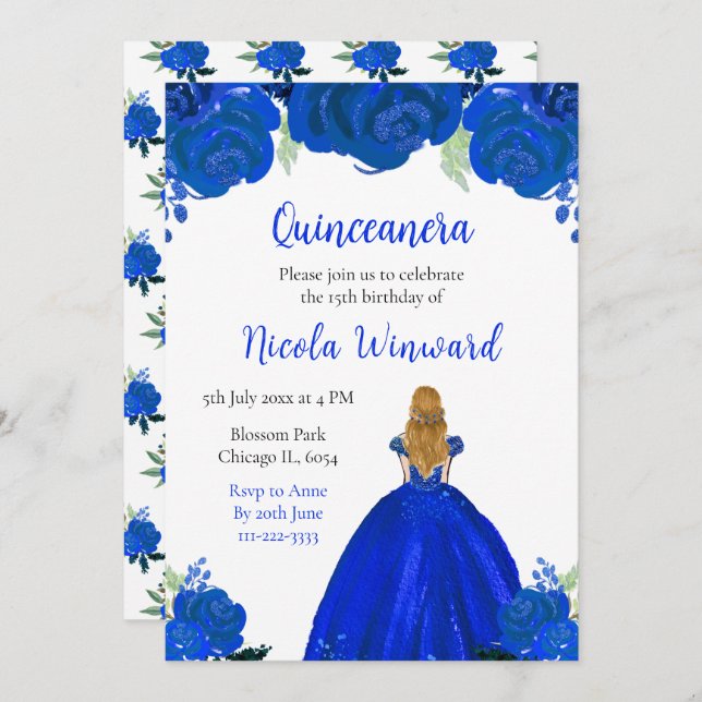 Convites Cabelo loiro Princesa Azul Quinceanera (Frente/Verso)
