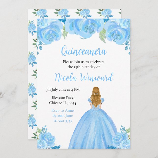 Convites Cabelo loiro Princesa Azul Quinceanera (Frente/Verso)