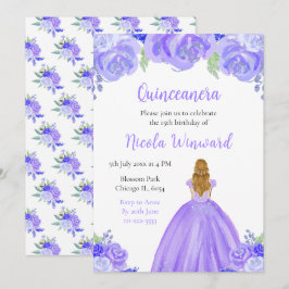 Convites Cabelo Louro Princesa Purple Floral Quinceanera