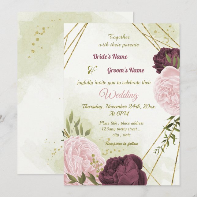 Convites cabine cor-de-rosa flores verdes folhas casamento (Frente/Verso)