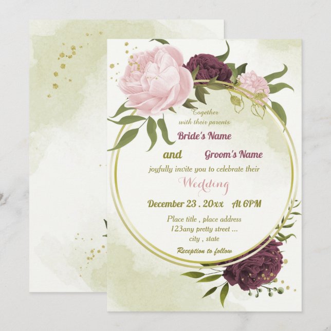 Convites cabine cor-de-rosa flores verdes folhas casamento (Frente/Verso)