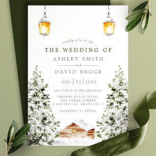 Convites Cabine Rústica de Inverno Neve Pinheiro Casamento