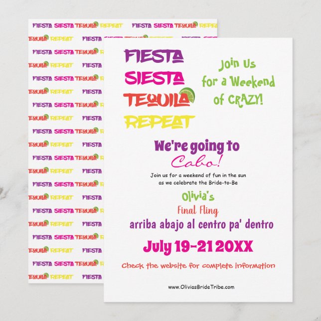 Convites Cabo Bachelorette: Fiesta, Siesta, Tequila, Repeti (Frente/Verso)