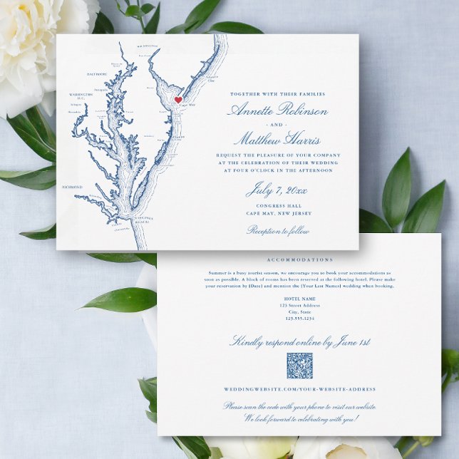 Convites Cabo May NJ código QR all-in-one RSVP Wedding (Cape May NJ All-in-One QR code Wedding invitation in elegant navy blue from Coastal Map Designs)