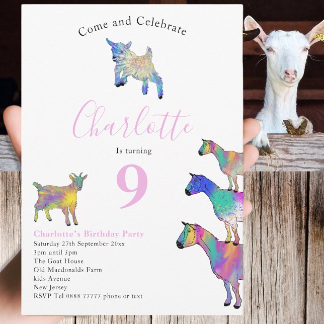 Convites Cabra - Parede 9ª Festa de aniversário (Cute goats colorful farm animal art 9th birthday party invitation )