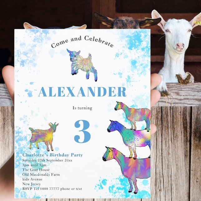 Convites Cabras Animais Coloridos da Fazenda Aniversário de (Cute goats colorful farm animal watercolor art 3rd birthday party blue invitation)