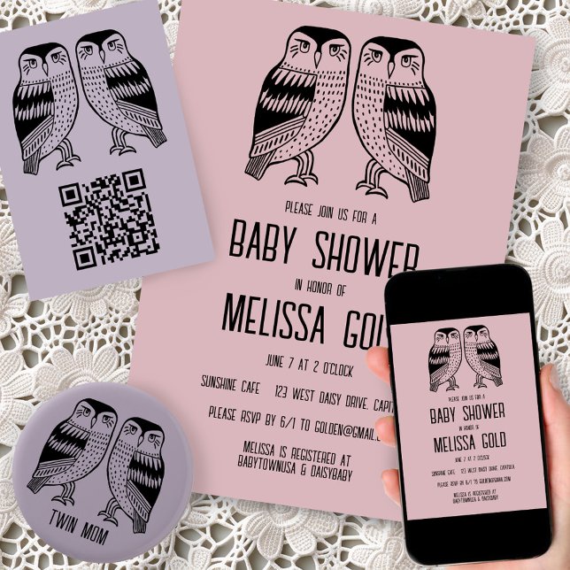 Convites Cabras Gêmeas Fofas Simples E Fofo CHÁ DE FRALDAS  (Twin owls custom baby shower invitation - digital or print. Matching thank you notes, enclosure card)