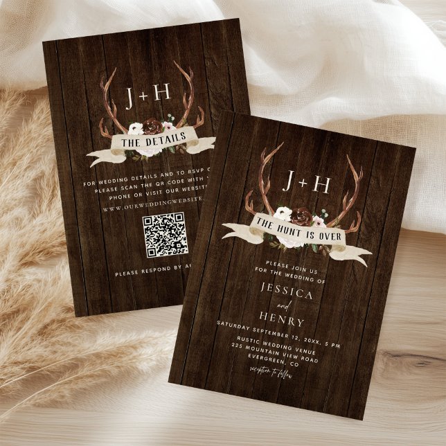 Convites Caça Acabou Antlers Rústico Madeira Código QR Casa (Criador carregado)