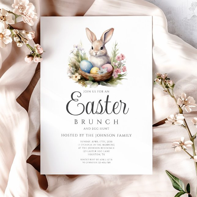Convites Caça ao Ovo de Coelho Fofo e Brunch de Páscoa  (Cute Bunny Egg Hunt And Easter Brunch Invitation)