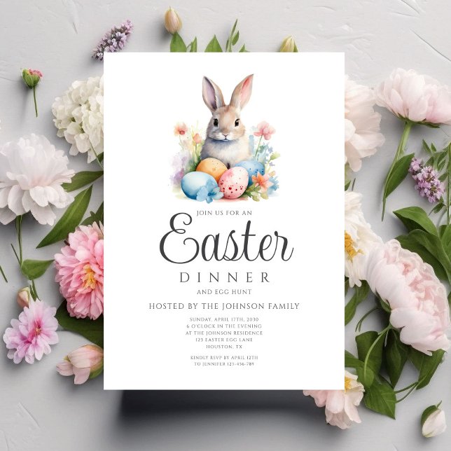 Convites Caça ao Ovo de Coelho Fofo e Jantar de Páscoa  (Cute Bunny Egg Hunt And Easter Dinner Invitation)