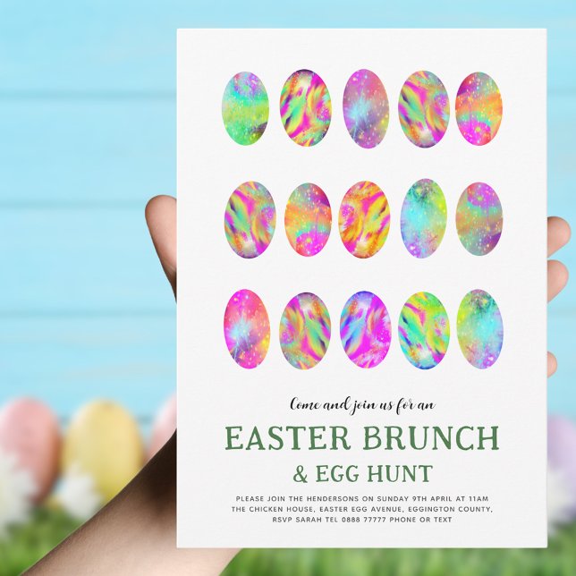 Convites Caça ao Ovo de Páscoa Brunch Aquarela moderna (Trendy Easter brunch and egg hunt invitation colorful arty Easter egg pattern)