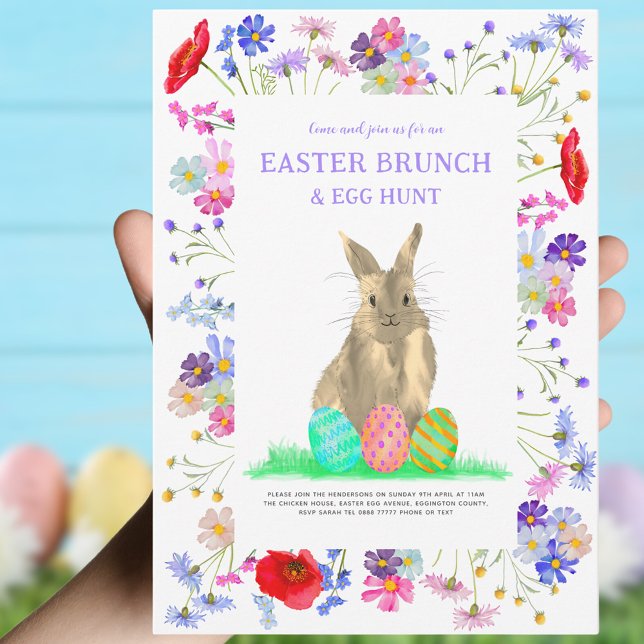 Convites Caça ao Ovo de Páscoa e Floral de Brunch Bunny (Easter brunch and egg hunt custom invitation cute bunny and eggs with watercolor wildflower floral)