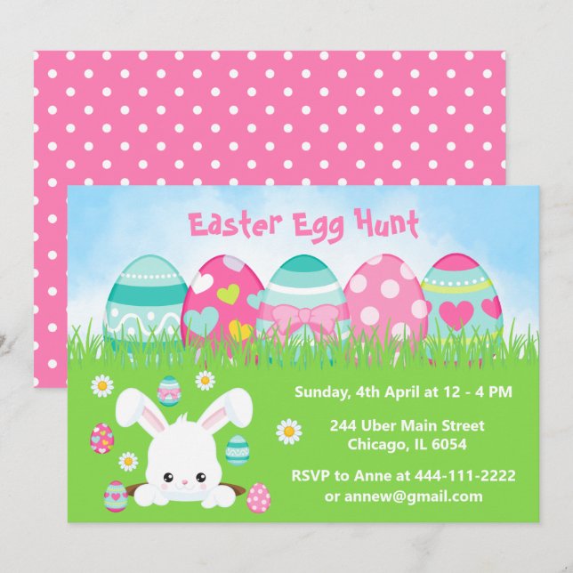 Convites Caça ao Ovo de Páscoa em Azul Turquesa e Rosa (Frente/Verso)