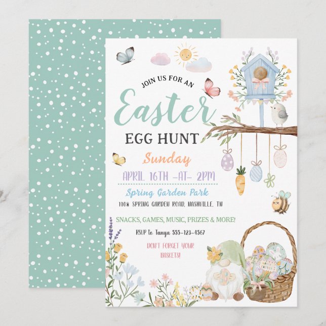 Convites Caça ao Ovo de Páscoa Pastel Gnomos (Frente/Verso)